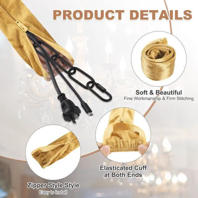 Alt view image 3 of 7 - 2ft Chandelier Chain Cord Cover, 2 Pcs Velvet Cloth Fabric Chain Sleeve Decorative Cord Covers for Chandelier Wires Swing Cable, Zipper Style, Gold