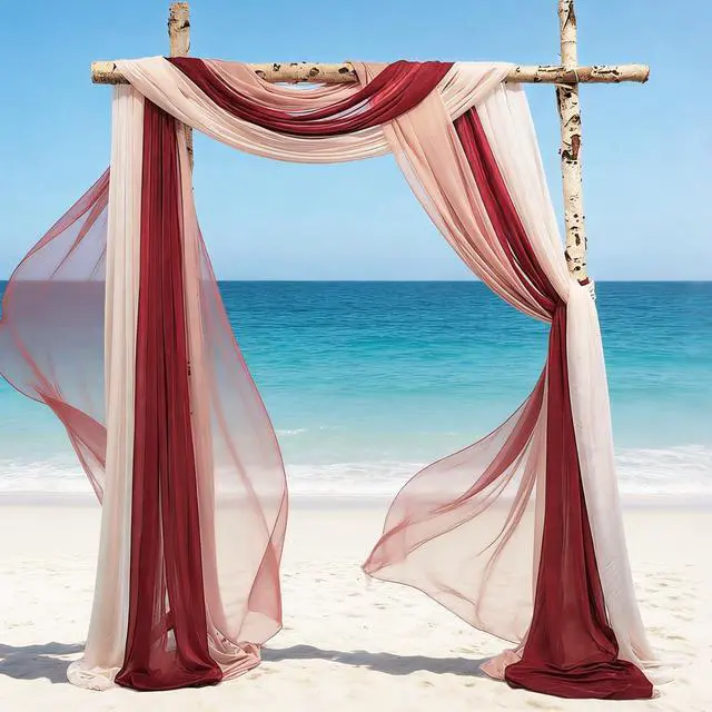 Alt view image 3 of 7 - 2.5x19.5 ft Wedding Arch Draping Fabric, 3 Panels Draping Fabric Arbor Drapery for Party Bridal Ceremony Backdrop Wedding Stage Reception Decorations, Wine Red, Dusty Pink & Light Pink