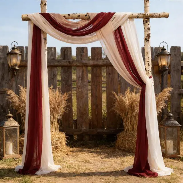 Alt view image 4 of 7 - 2.5x19.5 ft Wedding Arch Draping Fabric, 3 Panels Draping Fabric Arbor Drapery for Party Bridal Ceremony Backdrop Wedding Stage Reception Decorations, Wine Red, Dusty Pink & Light Pink