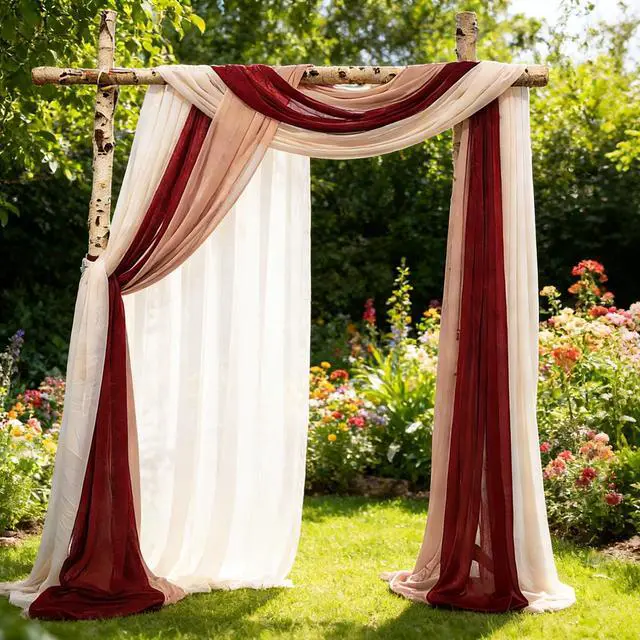 Alt view image 6 of 7 - 2.5x19.5 ft Wedding Arch Draping Fabric, 3 Panels Draping Fabric Arbor Drapery for Party Bridal Ceremony Backdrop Wedding Stage Reception Decorations, Wine Red, Dusty Pink & Light Pink
