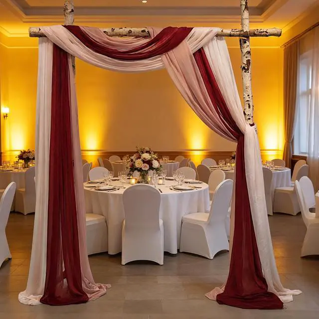 Alt view image 7 of 7 - 2.5x19.5 ft Wedding Arch Draping Fabric, 3 Panels Draping Fabric Arbor Drapery for Party Bridal Ceremony Backdrop Wedding Stage Reception Decorations, Wine Red, Dusty Pink & Light Pink