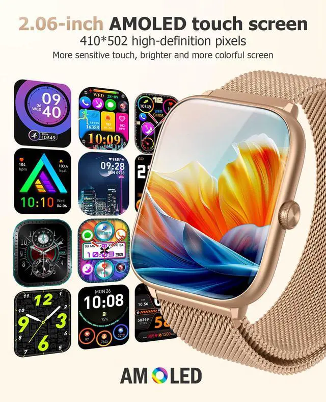 Alt view image 3 of 7 - Luxury Rose Gold Smart Watch for Women with Magnetic Band, 2.06" AMOLED Display, IP68 Waterproof Fitness Tracker,118 Sports, Blood Pressure/Heart Rate/SpO2/Sleep, Gift for Her, Android iPhone
