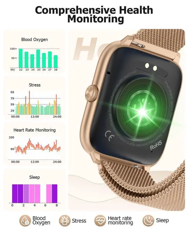 Alt view image 5 of 7 - Luxury Rose Gold Smart Watch for Women with Magnetic Band, 2.06" AMOLED Display, IP68 Waterproof Fitness Tracker,118 Sports, Blood Pressure/Heart Rate/SpO2/Sleep, Gift for Her, Android iPhone