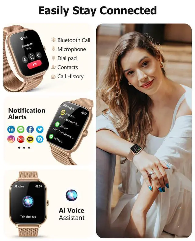 Alt view image 6 of 7 - Luxury Rose Gold Smart Watch for Women with Magnetic Band, 2.06" AMOLED Display, IP68 Waterproof Fitness Tracker,118 Sports, Blood Pressure/Heart Rate/SpO2/Sleep, Gift for Her, Android iPhone