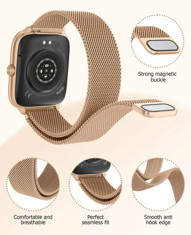 Alt view image 2 of 7 - Luxury Rose Gold Smart Watch for Women with Magnetic Band, 2.06" AMOLED Display, IP68 Waterproof Fitness Tracker,118 Sports, Blood Pressure/Heart Rate/SpO2/Sleep, Gift for Her, Android iPhone