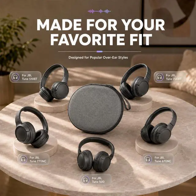 Alt view image 2 of 7 - Hard Headphone Case for JBL Tune 770NC/510BT/720BT/520BT/670NC | Wave Foam, Elastic Strap, Soft Lining, Mesh Pocket, Carry Handle, Folded Headphone Storage, Deep Gray, Case Only