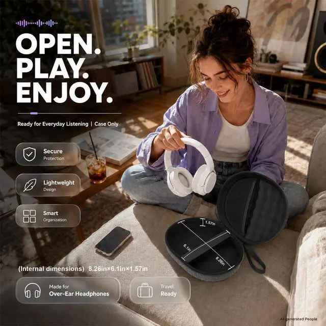 Alt view image 4 of 7 - Hard Headphone Case for JBL Tune 770NC/510BT/720BT/520BT/670NC | Wave Foam, Elastic Strap, Soft Lining, Mesh Pocket, Carry Handle, Folded Headphone Storage, Deep Gray, Case Only
