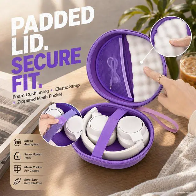 Alt view image 3 of 7 - Hard Headphone Case for JBL Tune 770NC/510BT/720BT/520BT/670NC | Wave Foam, Elastic Strap, Soft Lining, Mesh Pocket, Carry Handle, Folded Headphone Storage, Purple, Case Only