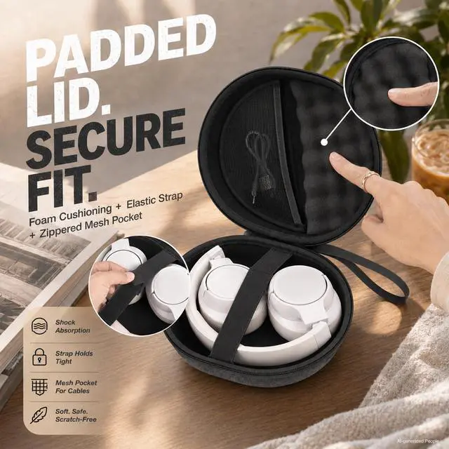Alt view image 3 of 7 - Hard Headphone Case for JBL Tune 770NC/510BT/720BT/520BT/670NC | Wave Foam, Elastic Strap, Soft Lining, Mesh Pocket, Carry Handle, Folded Headphone Storage, Deep Gray, Case Only