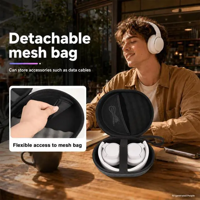 Alt view image 5 of 7 - Hard Headphone Case for JBL Tune 770NC/510BT/720BT/520BT/670NC | Wave Foam, Elastic Strap, Soft Lining, Mesh Pocket, Carry Handle, Folded Headphone Storage, Deep Gray, Case Only
