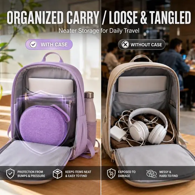 Alt view image 4 of 7 - Hard Headphone Case for JBL Tune 770NC/510BT/720BT/520BT/670NC | Wave Foam, Elastic Strap, Soft Lining, Mesh Pocket, Carry Handle, Folded Headphone Storage, Purple, Case Only