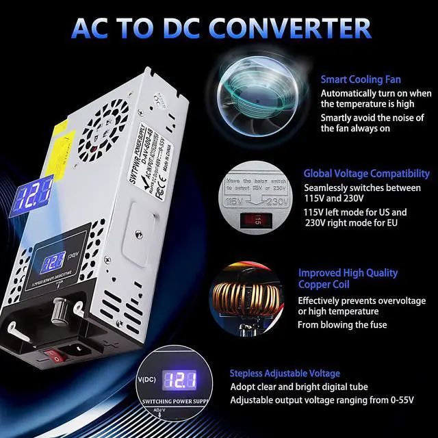 Alt view image 4 of 6 - 110V AC to DC 48V Converter 120V to 48V 12A 600W Power Supply | Voltage Adjustable Switching Power Supply for LED Strip Motor Pump CCTV Camera System Car Stereo 3D Printer