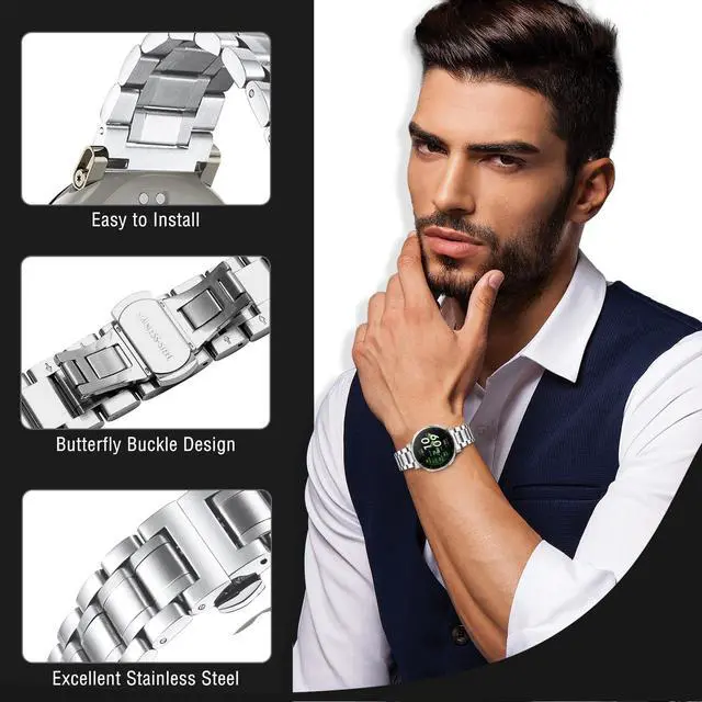 Alt view image 2 of 7 - 20mm Metal Band for Amazfit Active 3 Premium/Active 2 Square/Active2, Solid Stainless Steel Wristband, Strap Exquisite Replacement Band for Amazfit Cheetah 2 Pro/Cheetah Square - Silver