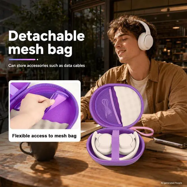 Alt view image 5 of 7 - Hard Headphone Case for JBL Tune 770NC/510BT/720BT/520BT/670NC | Wave Foam, Elastic Strap, Soft Lining, Mesh Pocket, Carry Handle, Folded Headphone Storage, Purple, Case Only