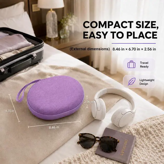 Alt view image 6 of 7 - Hard Headphone Case for JBL Tune 770NC/510BT/720BT/520BT/670NC | Wave Foam, Elastic Strap, Soft Lining, Mesh Pocket, Carry Handle, Folded Headphone Storage, Purple, Case Only