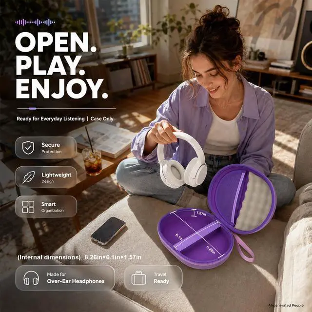 Alt view image 7 of 7 - Hard Headphone Case for JBL Tune 770NC/510BT/720BT/520BT/670NC | Wave Foam, Elastic Strap, Soft Lining, Mesh Pocket, Carry Handle, Folded Headphone Storage, Purple, Case Only