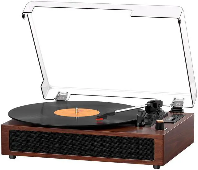 Main image of Vinyl Record Player Bluetooth Turntable, 3-Speed Retro Vinyl Player with Built-in Speakers,AUX in, Auto Stop,USB Recording, Belt-Drive LP Player Brown