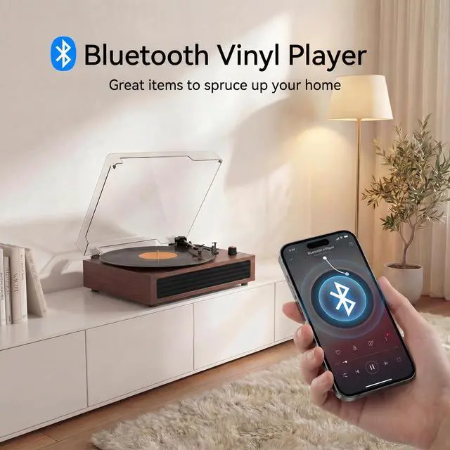 Alt view image 2 of 6 - Vinyl Record Player Bluetooth Turntable, 3-Speed Retro Vinyl Player with Built-in Speakers,AUX in, Auto Stop,USB Recording, Belt-Drive LP Player Brown