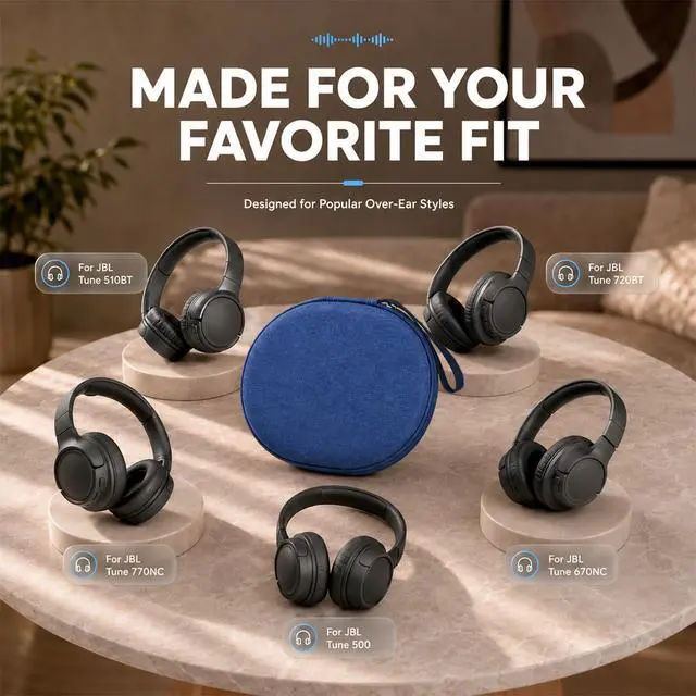 Alt view image 2 of 7 - Hard Headphone Case for JBL Tune 770NC/510BT/720BT/520BT/670NC | Wave Foam, Elastic Strap, Soft Lining, Mesh Pocket, Carry Handle, Folded Headphone Storage, Blue, Case Only