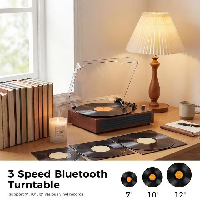 Alt view image 4 of 6 - Vinyl Record Player Bluetooth Turntable, 3-Speed Retro Vinyl Player with Built-in Speakers,AUX in, Auto Stop,USB Recording, Belt-Drive LP Player Brown