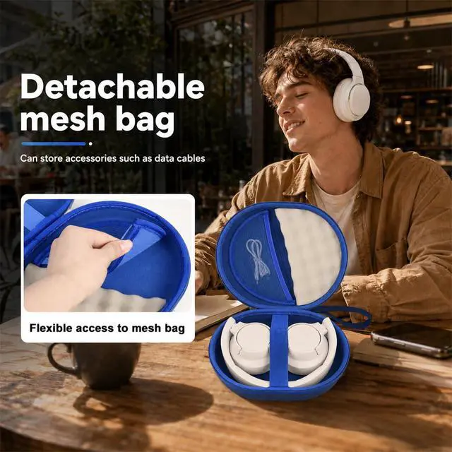 Alt view image 3 of 7 - Hard Headphone Case for JBL Tune 770NC/510BT/720BT/520BT/670NC | Wave Foam, Elastic Strap, Soft Lining, Mesh Pocket, Carry Handle, Folded Headphone Storage, Blue, Case Only
