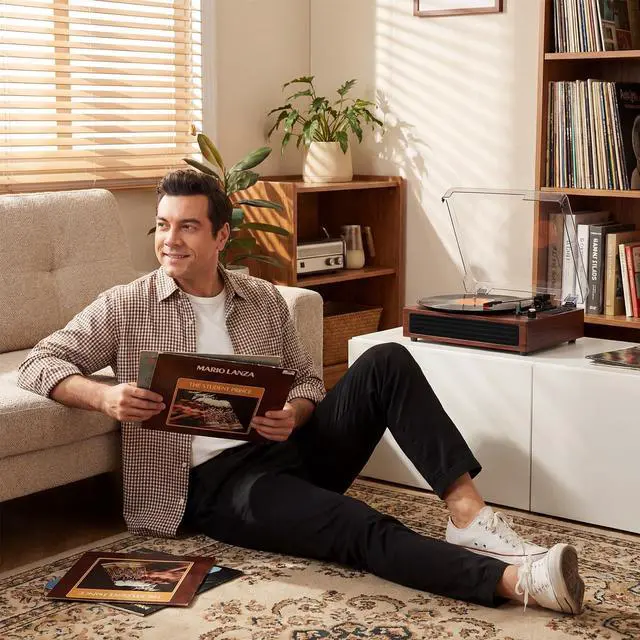 Alt view image 3 of 6 - Vinyl Record Player Bluetooth Turntable, 3-Speed Retro Vinyl Player with Built-in Speakers,AUX in, Auto Stop,USB Recording, Belt-Drive LP Player Brown