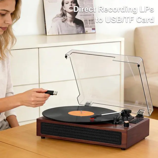 Alt view image 5 of 6 - Vinyl Record Player Bluetooth Turntable, 3-Speed Retro Vinyl Player with Built-in Speakers,AUX in, Auto Stop,USB Recording, Belt-Drive LP Player Brown