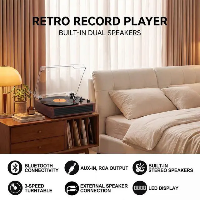 Alt view image 6 of 6 - Vinyl Record Player Bluetooth Turntable, 3-Speed Retro Vinyl Player with Built-in Speakers,AUX in, Auto Stop,USB Recording, Belt-Drive LP Player Brown