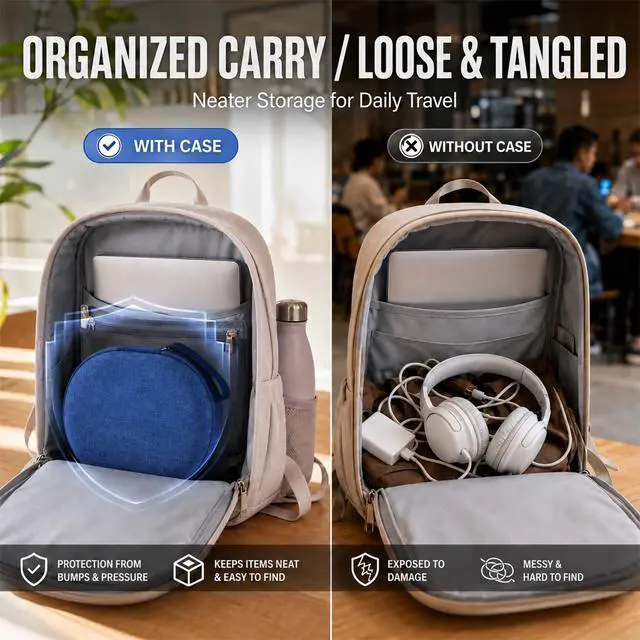 Alt view image 6 of 7 - Hard Headphone Case for JBL Tune 770NC/510BT/720BT/520BT/670NC | Wave Foam, Elastic Strap, Soft Lining, Mesh Pocket, Carry Handle, Folded Headphone Storage, Blue, Case Only