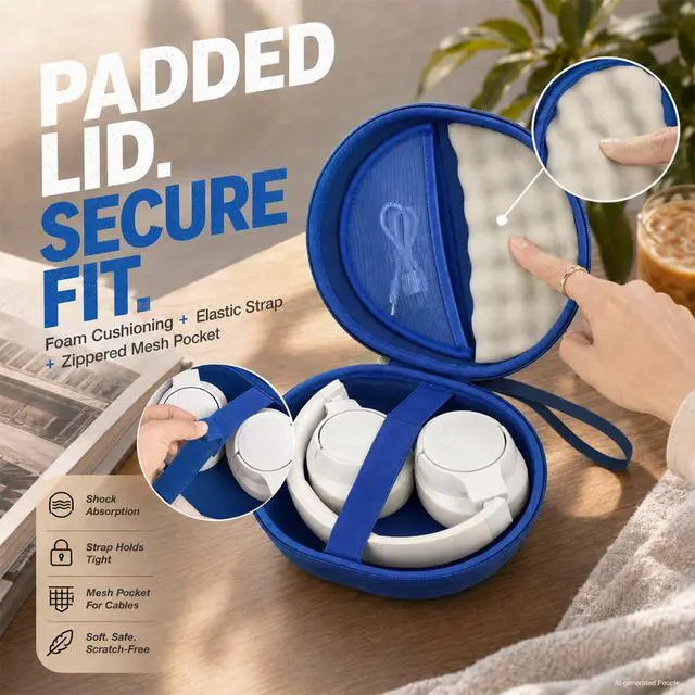 Alt view image 4 of 7 - Hard Headphone Case for JBL Tune 770NC/510BT/720BT/520BT/670NC | Wave Foam, Elastic Strap, Soft Lining, Mesh Pocket, Carry Handle, Folded Headphone Storage, Blue, Case Only