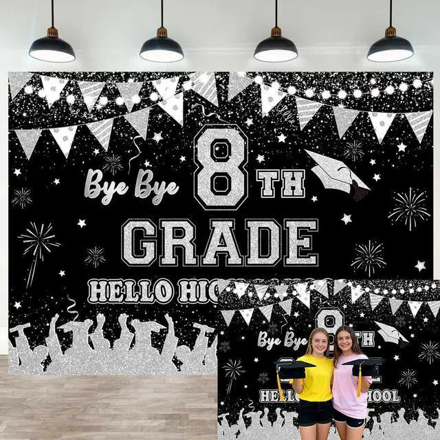 Main image of Black Silver Bye Bye 8th Grade Hello High School Backdrop 8x6ft | 8TH Grade Graduation Party Decorations Class of 2026 Photo Booth Props