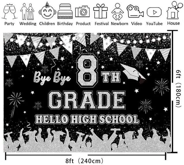 Alt view image 2 of 4 - Black Silver Bye Bye 8th Grade Hello High School Backdrop 8x6ft | 8TH Grade Graduation Party Decorations Class of 2026 Photo Booth Props