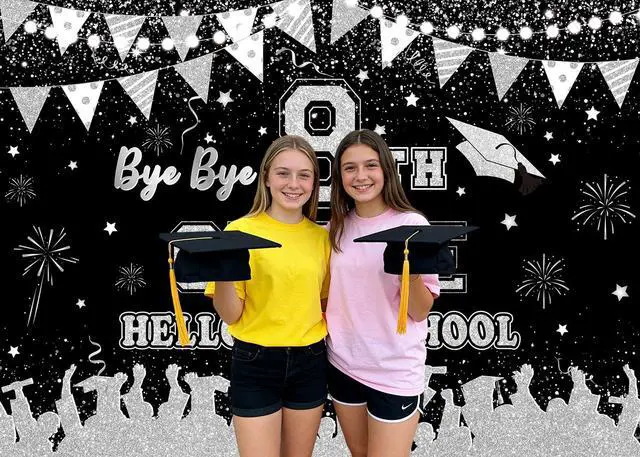 Alt view image 3 of 4 - Black Silver Bye Bye 8th Grade Hello High School Backdrop 8x6ft | 8TH Grade Graduation Party Decorations Class of 2026 Photo Booth Props