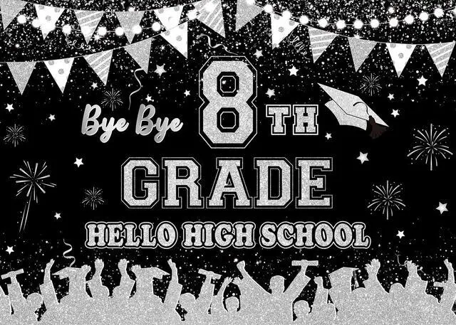 Alt view image 4 of 4 - Black Silver Bye Bye 8th Grade Hello High School Backdrop 8x6ft | 8TH Grade Graduation Party Decorations Class of 2026 Photo Booth Props