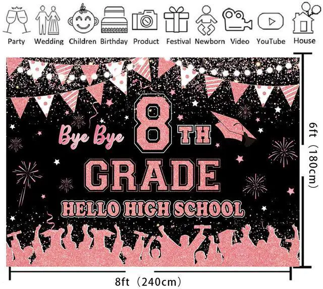Alt view image 2 of 5 - Rose Gold Bye Bye 8th Grade Hello High School Backdrop 8x6ft | 8TH Grade Graduation Party Decorations Class of 2026 Photo Booth Props