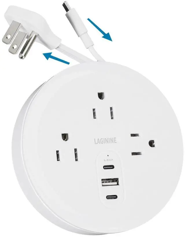 Main image of Travel Power Strip, Travel Essentials, Cruise Essentials, 3 AC Outlets, 3 USB Charging Ports (2 USB-C), Plus a Built-in USB-C Cable - for Travel/Cruise/Home/Dorm/Office