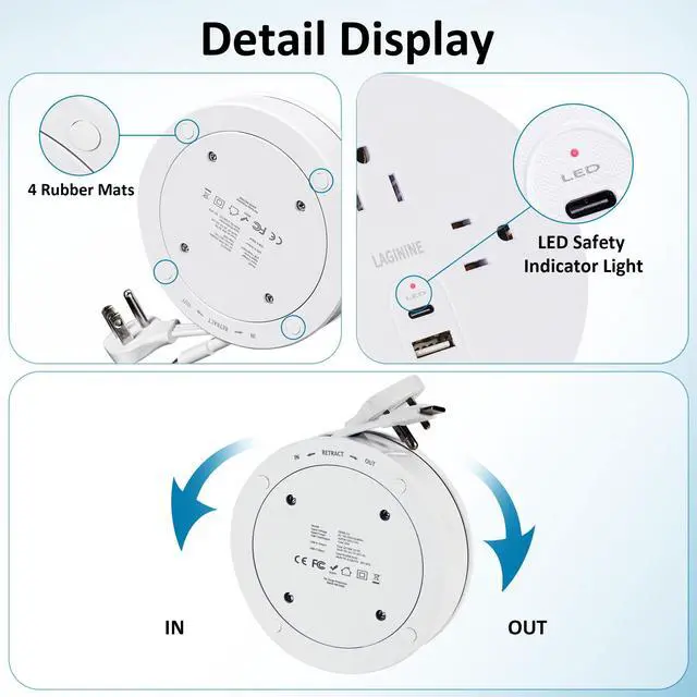 Alt view image 2 of 6 - Travel Power Strip, Travel Essentials, Cruise Essentials, 3 AC Outlets, 3 USB Charging Ports (2 USB-C), Plus a Built-in USB-C Cable - for Travel/Cruise/Home/Dorm/Office