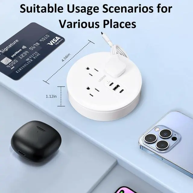 Alt view image 3 of 6 - Travel Power Strip, Travel Essentials, Cruise Essentials, 3 AC Outlets, 3 USB Charging Ports (2 USB-C), Plus a Built-in USB-C Cable - for Travel/Cruise/Home/Dorm/Office