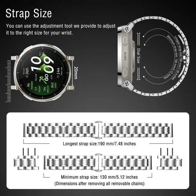 Alt view image 4 of 7 - 20mm Metal Band for Amazfit Active 3 Premium/Active 2 Square/Active2, Solid Stainless Steel Wristband, Strap Exquisite Replacement Band for Amazfit Cheetah 2 Pro/Cheetah Square - Silver
