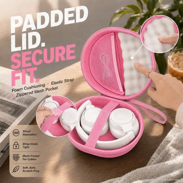 Alt view image 3 of 7 - Hard Headphone Case for JBL Tune 770NC/510BT/720BT/520BT/670NC | Wave Foam, Elastic Strap, Soft Lining, Mesh Pocket, Carry Handle, Folded Headphone Storage, Pink, Case Only
