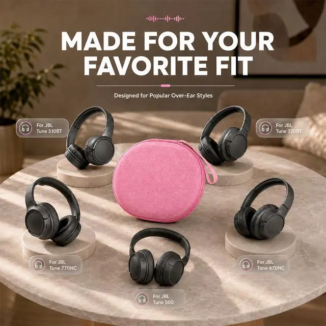 Alt view image 2 of 7 - Hard Headphone Case for JBL Tune 770NC/510BT/720BT/520BT/670NC | Wave Foam, Elastic Strap, Soft Lining, Mesh Pocket, Carry Handle, Folded Headphone Storage, Pink, Case Only