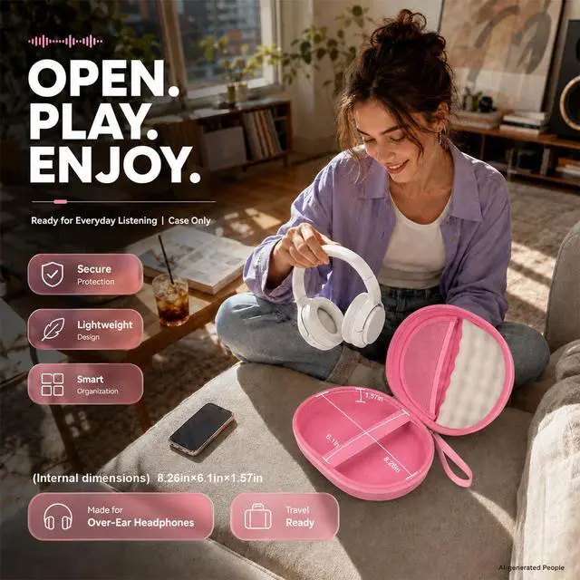 Alt view image 5 of 7 - Hard Headphone Case for JBL Tune 770NC/510BT/720BT/520BT/670NC | Wave Foam, Elastic Strap, Soft Lining, Mesh Pocket, Carry Handle, Folded Headphone Storage, Pink, Case Only