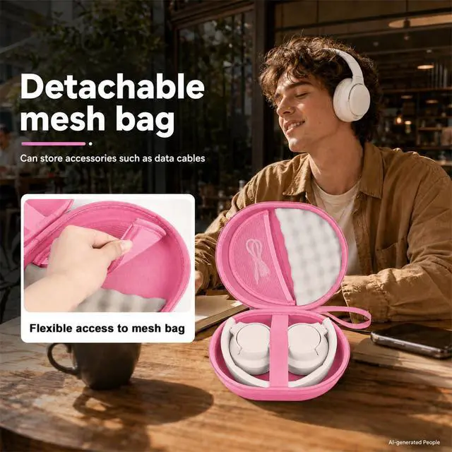 Alt view image 4 of 7 - Hard Headphone Case for JBL Tune 770NC/510BT/720BT/520BT/670NC | Wave Foam, Elastic Strap, Soft Lining, Mesh Pocket, Carry Handle, Folded Headphone Storage, Pink, Case Only