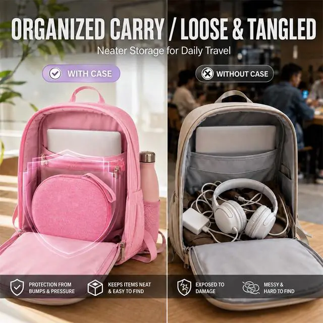 Alt view image 6 of 7 - Hard Headphone Case for JBL Tune 770NC/510BT/720BT/520BT/670NC | Wave Foam, Elastic Strap, Soft Lining, Mesh Pocket, Carry Handle, Folded Headphone Storage, Pink, Case Only