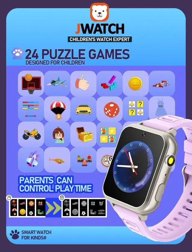 Alt view image 5 of 7 - Kids Smart Watch for Boys Girls 6-12 with Pedometer Audio Book Camera Music Player Birthday Present Christmas (Silver Frame Purple)