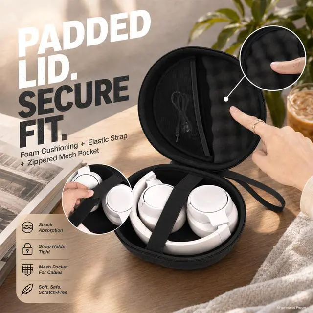 Alt view image 3 of 7 - Hard Headphone Case for JBL Tune 770NC/510BT/720BT/520BT/670NC | Wave Foam, Elastic Strap, Soft Lining, Mesh Pocket, Carry Handle, Folded Headphone Storage, Black, Case Only