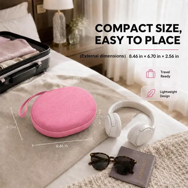 Alt view image 7 of 7 - Hard Headphone Case for JBL Tune 770NC/510BT/720BT/520BT/670NC | Wave Foam, Elastic Strap, Soft Lining, Mesh Pocket, Carry Handle, Folded Headphone Storage, Pink, Case Only