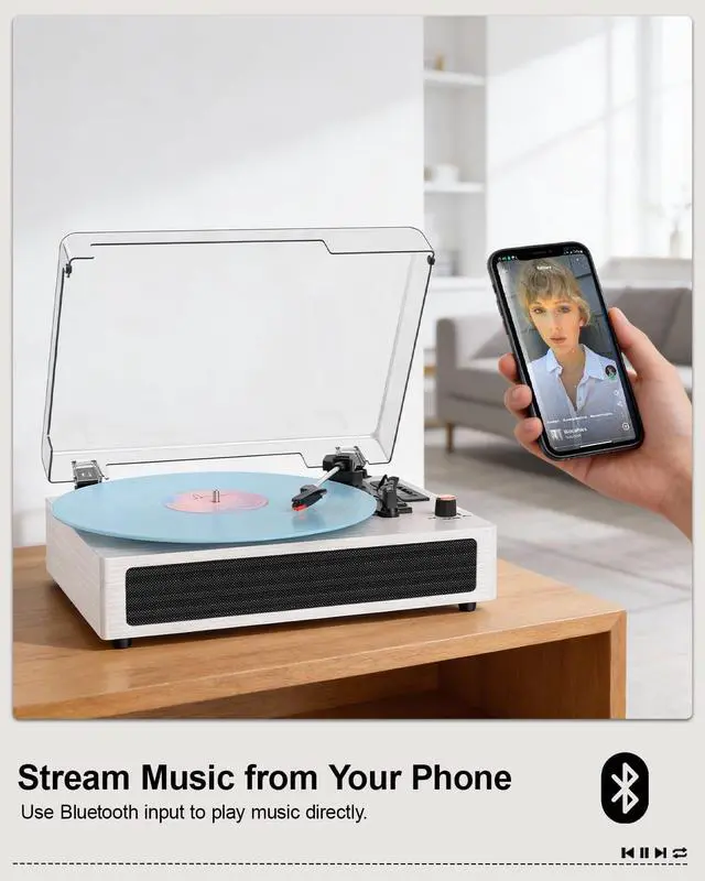 Alt view image 2 of 6 - Vinyl Record Player Bluetooth Turntable, 3-Speed Retro Vinyl Player with Built-in Speakers,AUX in, Auto Stop,USB Recording, Belt-Drive LP Player White