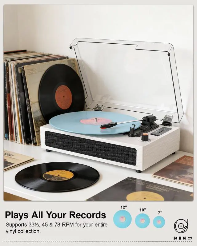 Alt view image 3 of 6 - Vinyl Record Player Bluetooth Turntable, 3-Speed Retro Vinyl Player with Built-in Speakers,AUX in, Auto Stop,USB Recording, Belt-Drive LP Player White