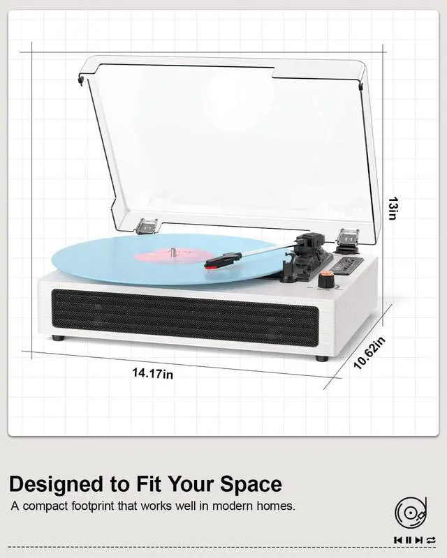 Alt view image 4 of 6 - Vinyl Record Player Bluetooth Turntable, 3-Speed Retro Vinyl Player with Built-in Speakers,AUX in, Auto Stop,USB Recording, Belt-Drive LP Player White